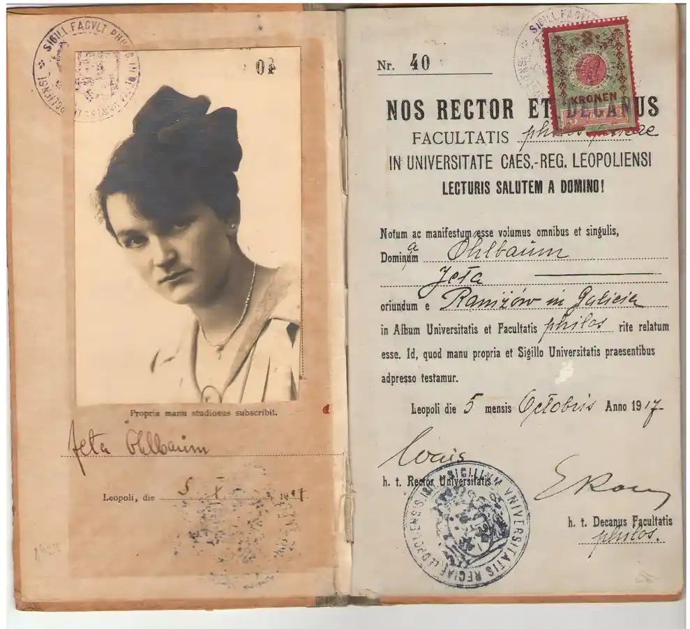 1917 University of Lemberg enrollment booklet for Jeta Ohlbaum of Ramirow, Galicia, with photograph and signature.